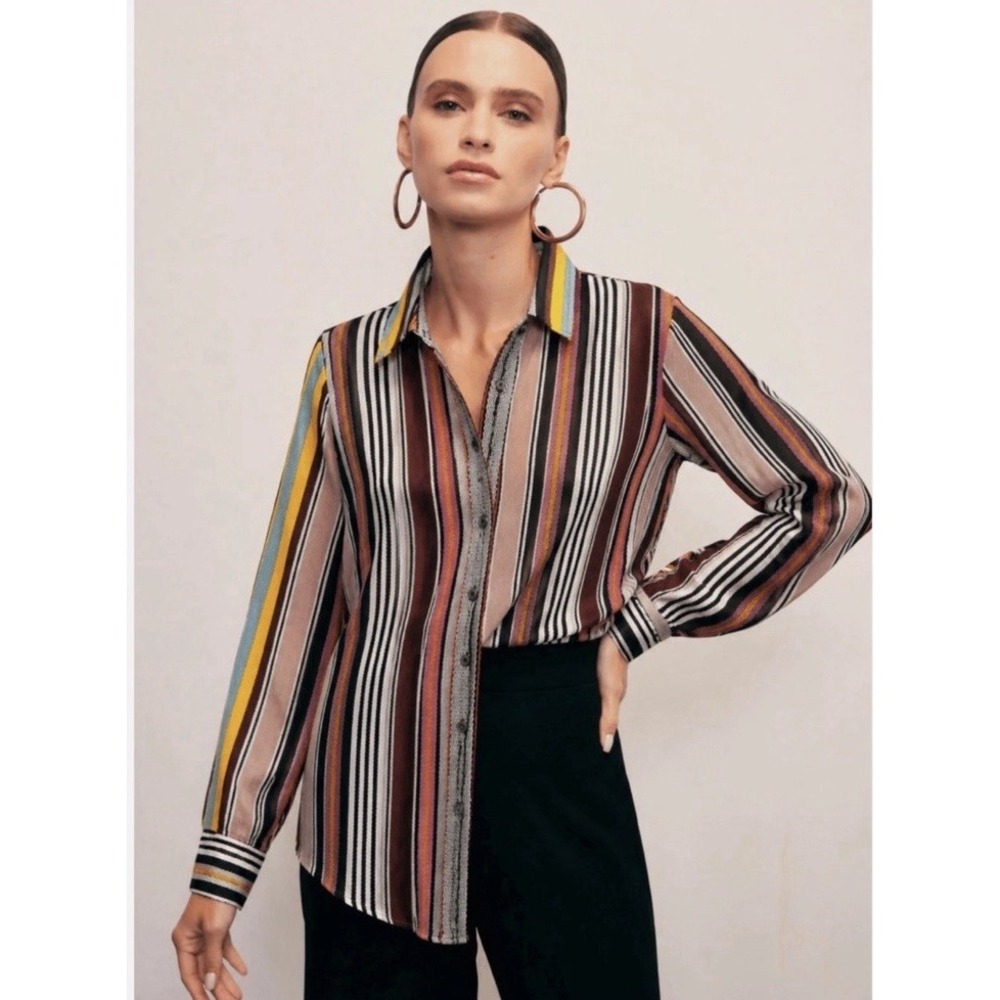 Tory Burch Silk Multicolor‎ Striped Button-Up Shirt Long Sleeve Women's 6
